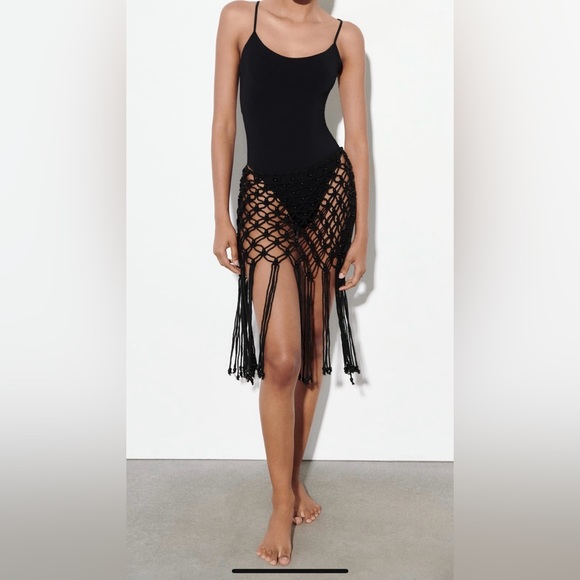 NWT ZARA Fringed Mesh Beaded Skirt Beach Cover Cotton Blend Open Side Tie - Picture 2 of 12